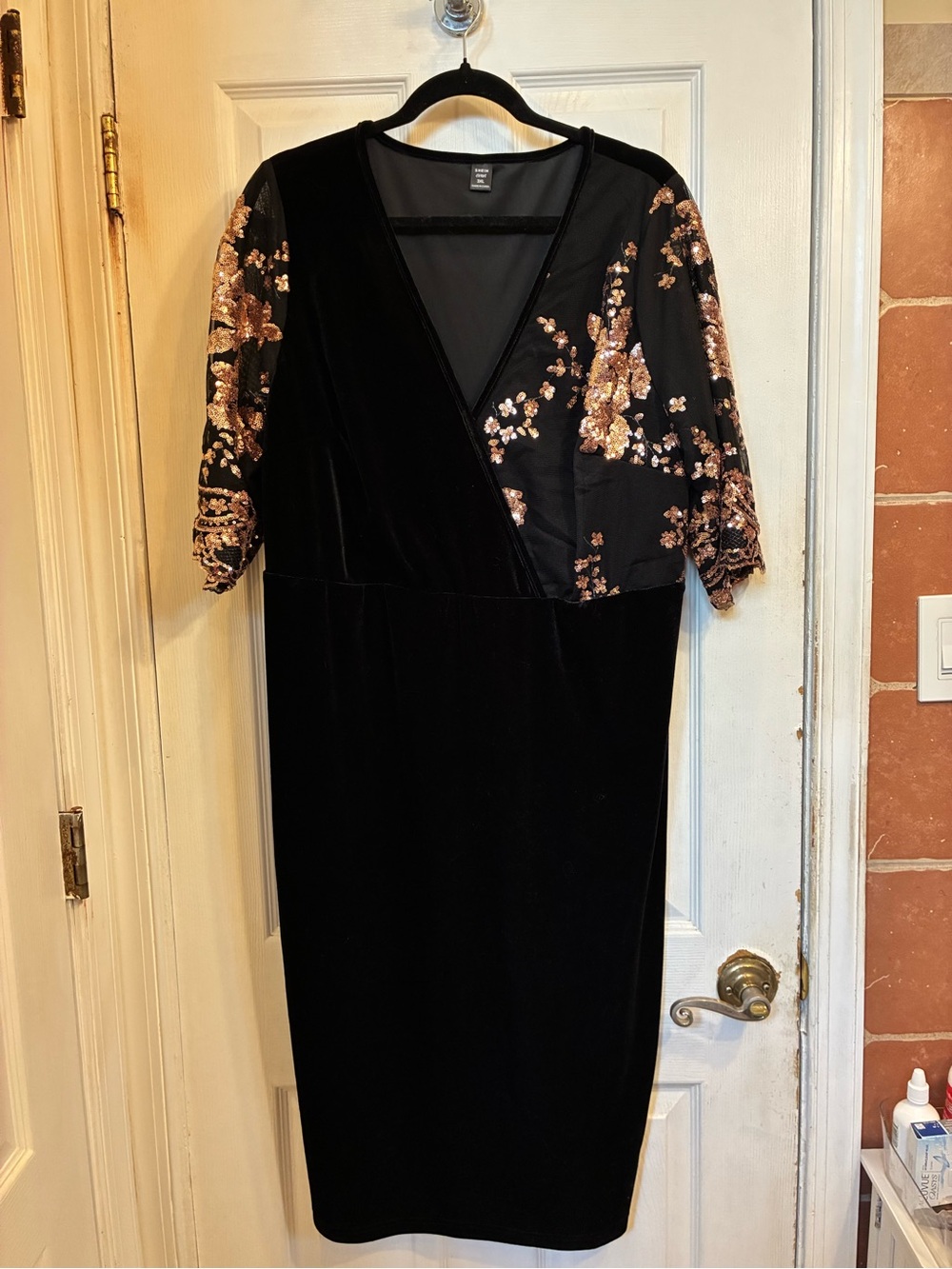 Black Velvet Dress with Rose Gold Sequin Sleeves Brand New